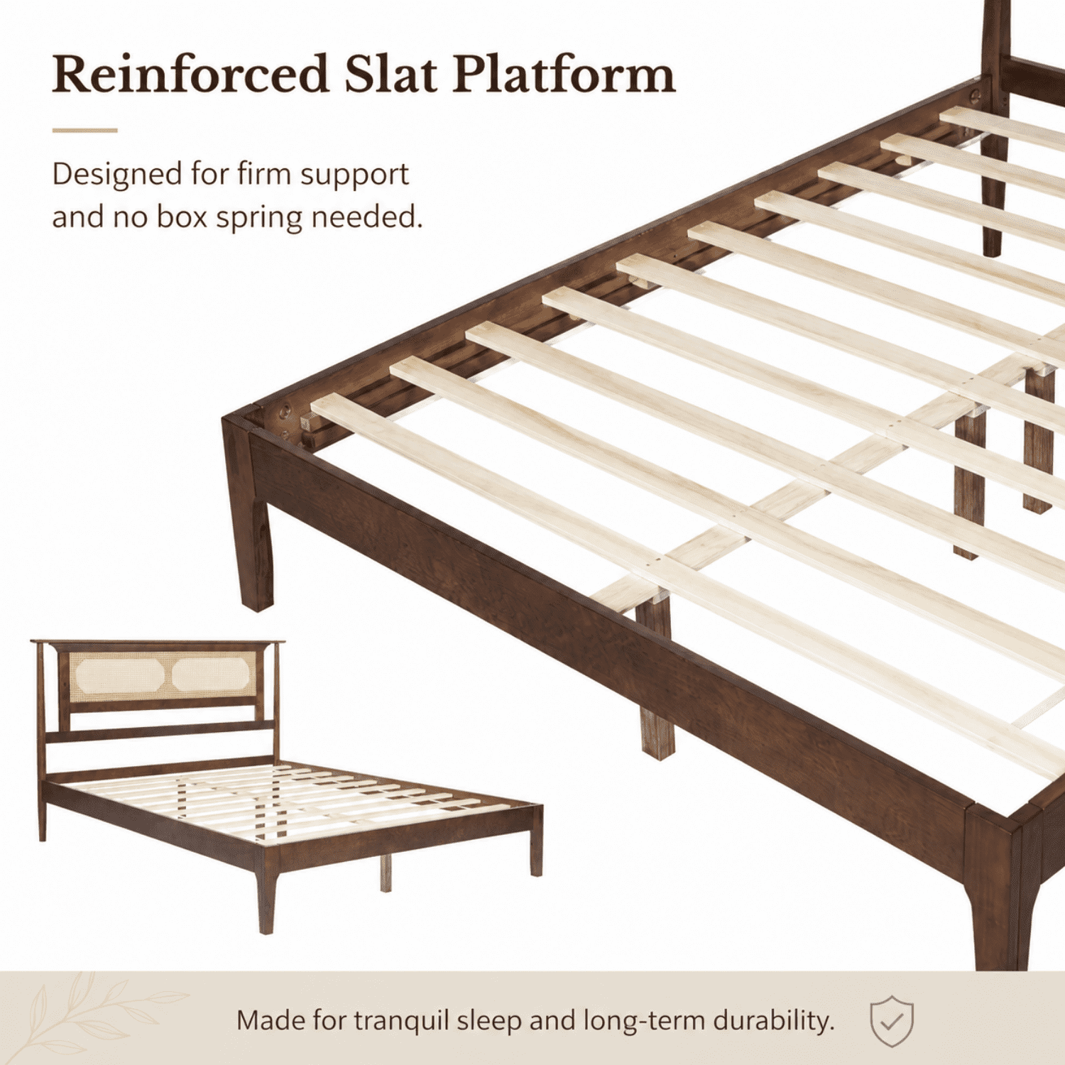 Miniyam Queen Bed Frame with PE Rattan Headboard, Pine Platform Bed, Walnut