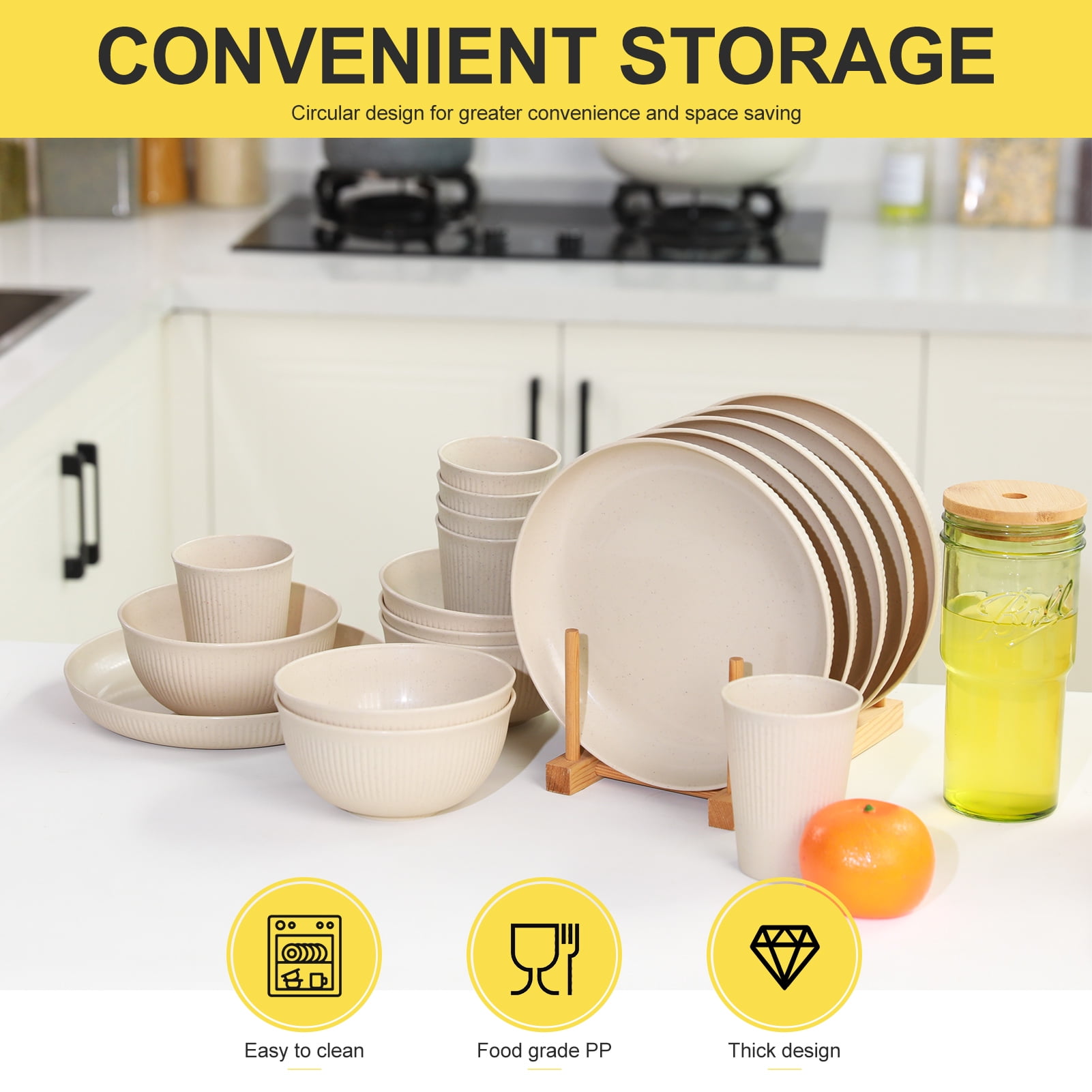 Bocaoying 18 Pcs Wheat Straw Dinnerware Sets, Unbreakable Dinnerware Sets Kitchen Cups Plates and Bowls Sets Plates Set Reusable Microwave Dishwasher Safe