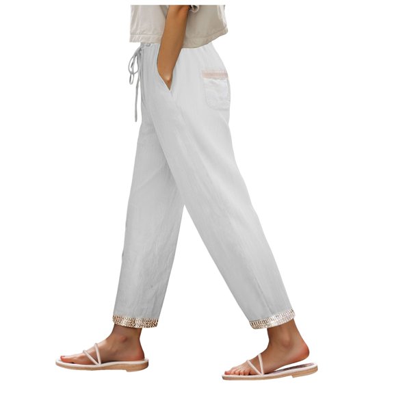 COMVALUE Cropped Pants Women Wide Leg Casual Loose Palazzo Pants Elastic Waist Beach Pant Gauze Crop Trousers (White, XL)