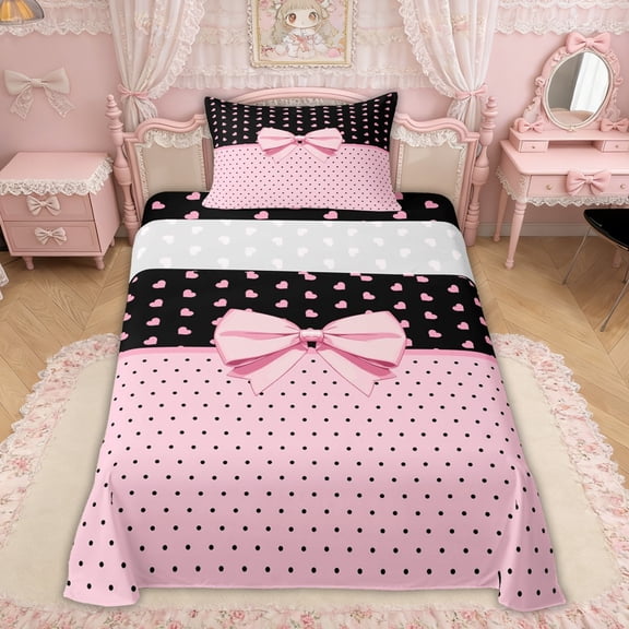 Erosebridal Pink Black Heart Bow Polka Dot Twin Sheet Sets, Cute Bedding for Girls Kids Teens, 3-Piece