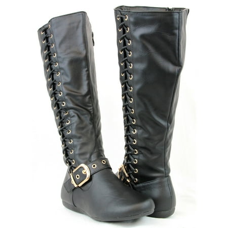 

Women Fashion Knee High Golden Buckle Side Tie Up Look Black