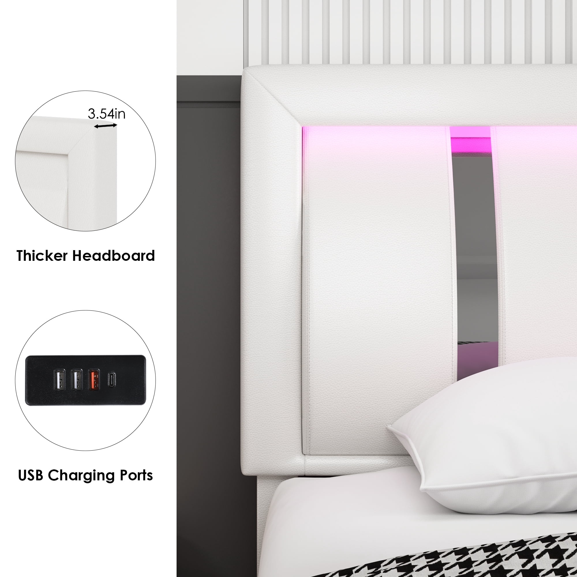 Homfa Full Size LED Bed Frame with 2 Storage Drawer & Charge Station, PU Low Profile Upholstered Platform Full Bed with Adjustable Headboard, White