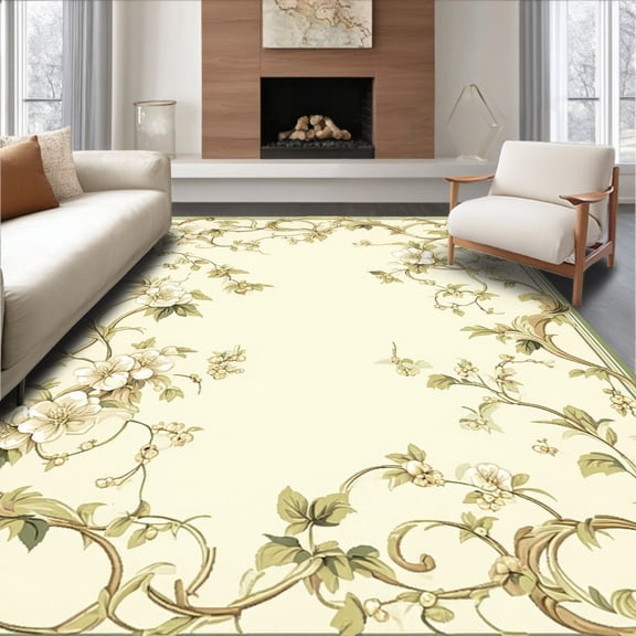 ODIKA 4'x6' Machine Washable Non-Slip Area Rug, Elegant Botanical Motif with Vintage Floral Scrollwork Beige High Traffic Rug, Ivory, 206526