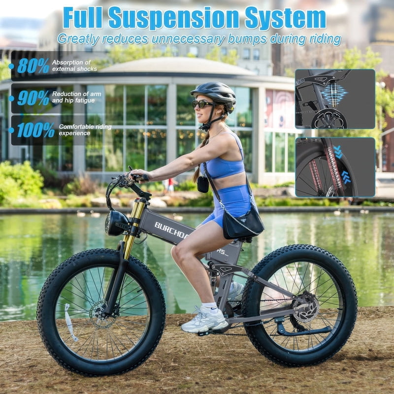 Folding Electric Bike for Adult 26'', 1500W E-Mountain Bike 48V 20Ah UL2849 Removable Battery Fat Tire Ebike up to 30MPH Long Range Off Road Ebike Beach Snow Dual Hydraulic&Brakes Bicycle