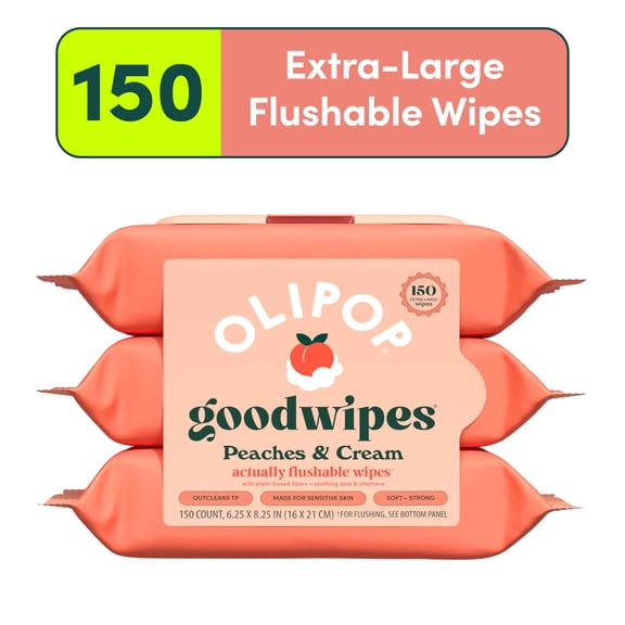 goodwipes Flushable Butt Wipes, Olipop Peaches & Cream Scented, 3 Pack, 150 Total XL Wipes