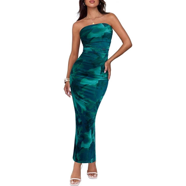 Vestido largo BTFBM para mujer, con estampado floral, sin tirantes, con malla