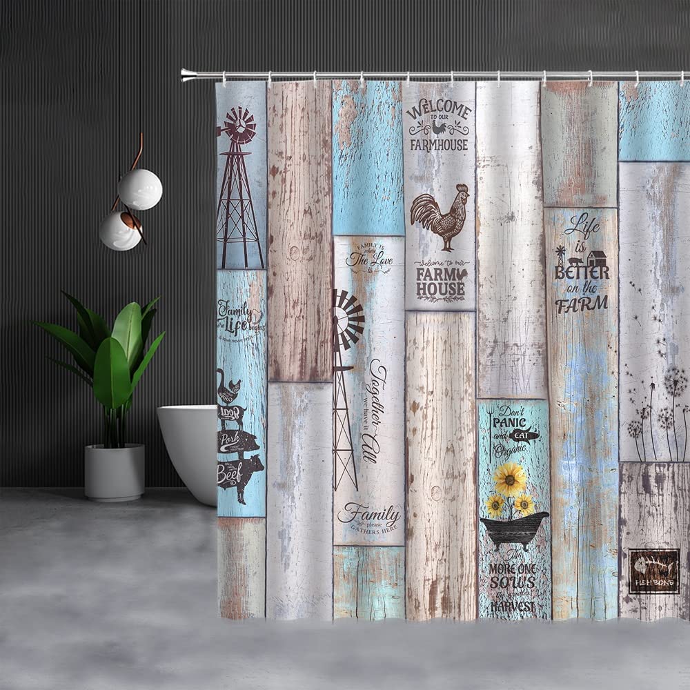 Rustic Shower Curtain Farmhouse Wooden Cabin Brown Vintage Country Farm Wood Turquoise Blue