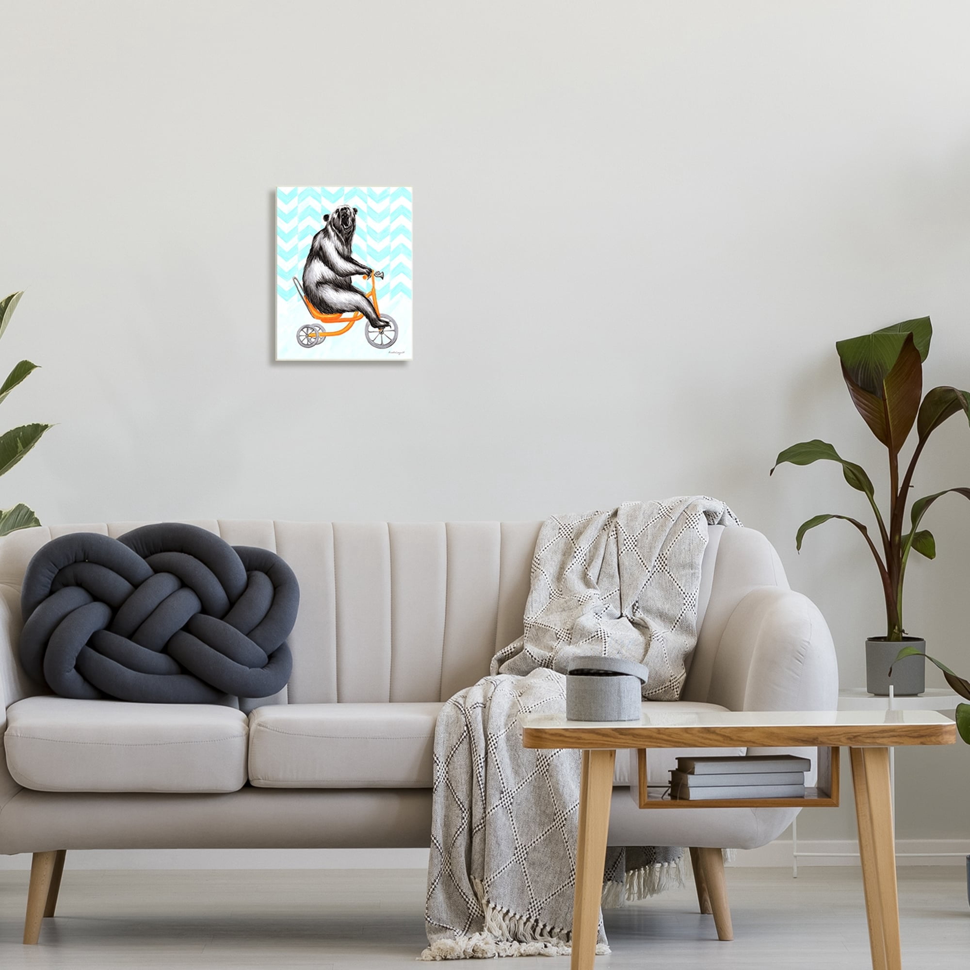 Stupell Industries Roaring Bear Riding Tricycle Whimsical Chevron Pattern Graphic Art Unframed Art Print Wall Art, Design by Amelie Legault