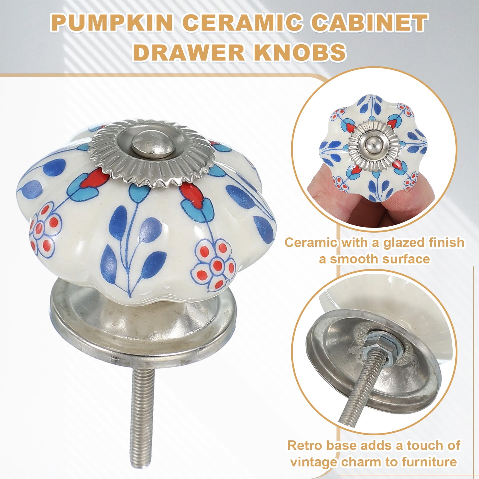 6 Packs Ceramic Knobs, Pumpkin Ceramic Cabinet Drawer Knobs with Screw for Closet Drawer Cupboard Wardrobe, White/Blue/Red (Flower)