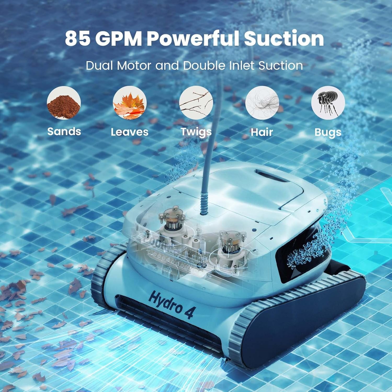 Hydro 4 Corded Pool Robot Vacuum Cleaner with App Control 5070 GPH Strong Suction Power Wall-climing Waterline Floor Deep Cleaning for Inground Pools
