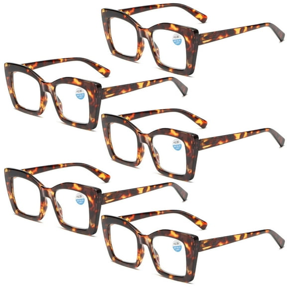 5 Pairs of Tortoiseshell Thick Oversize Square Reading Glasses for Women and Men, Blue Light Blocking Spring Hinge Eyeglasses Frame