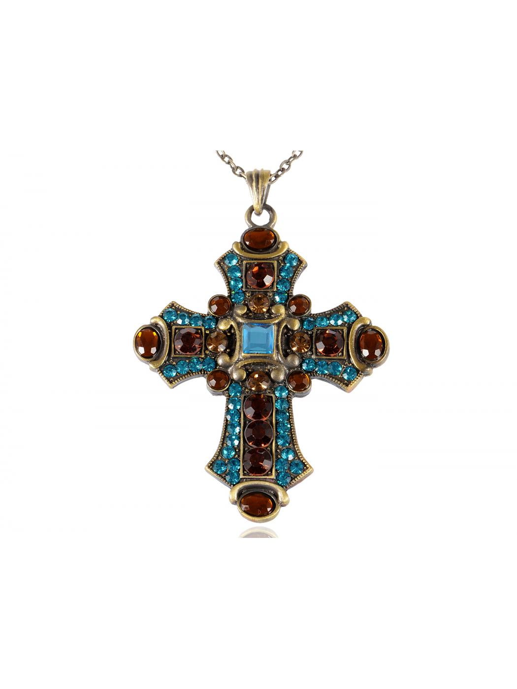 Huge Blue Topaz Crystal Rhinestone Holy Cross Pendant Necklace Fashion Jewelry 