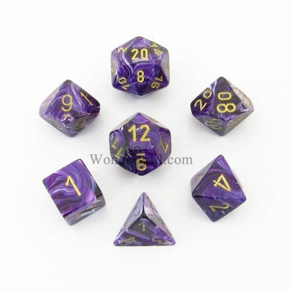 Purple Vortex Dice with Gold Numbers 16mm (5/8in) Set of 7 Chessex
