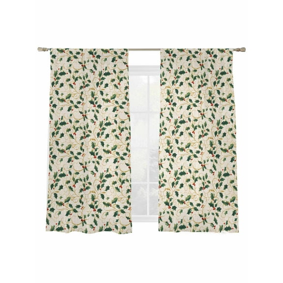 Winter Christmas Sheer Curtains 2 Panels Set, Holly Berry Plants Leaves Linen Grain Window Sheer Curtains for Living Room/Bedroom, Light Filtering Rod Pocket Voile Drapes, 52" W x 72" L