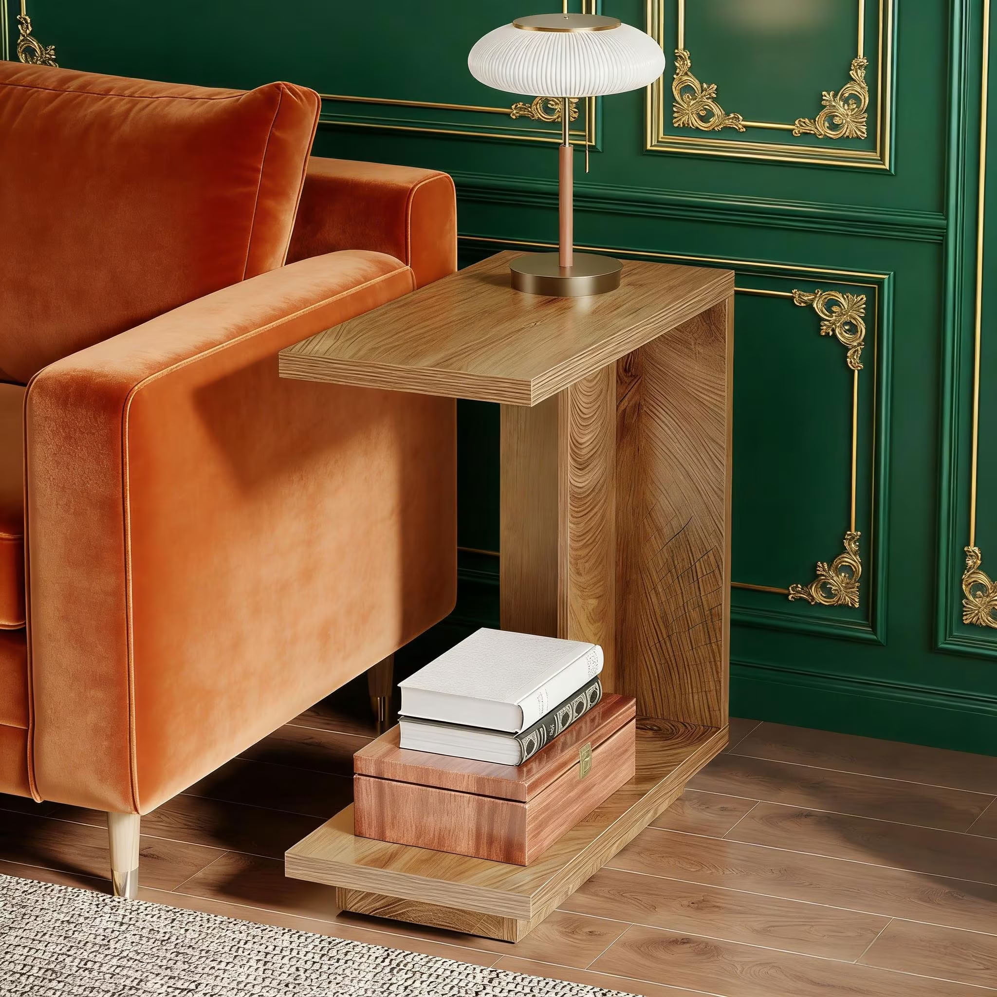 MAYEERTY C-Shaped End Table, Modern Wood Side Table with 2-Tier Storage, 23.6" Slim Sofa Couch Table for Living Room, Bedroom, Small Spaces