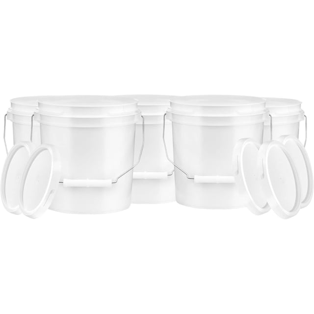LZHF 1 Gallon Food Grade BPA Free Bucket Container with Lids (Pack of 5) Made in USA (5, White)