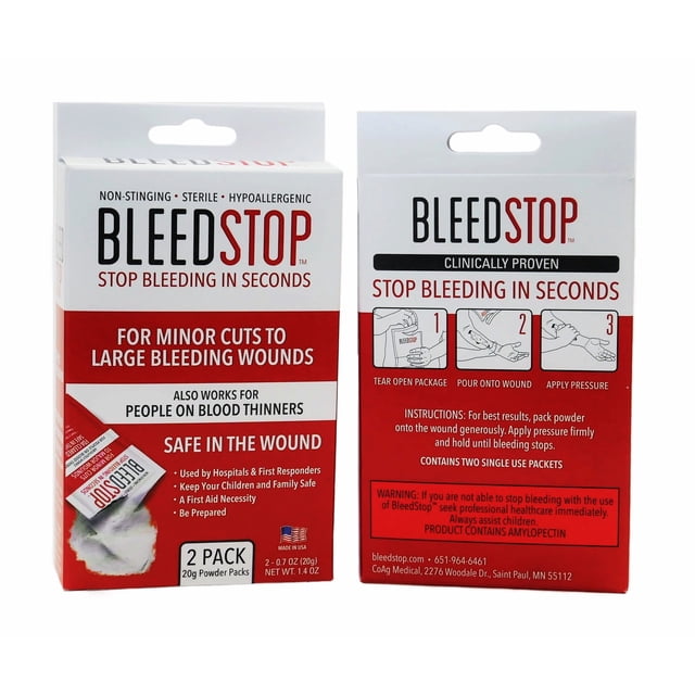 Polvo de primeros auxilios BleedStop para la coagulación de la sangre, bolsa de 20 g, 4 unidades