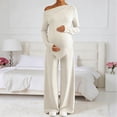 thumbnail image 2 of Gyujnb Asymmetrical Neck Long Sleeve Nursing Maternity Set Solid Soft Knit Full Over Belly Straight Wide Leg Pants 2 Piece Matching Outfit Postpartum Daily Pregnancy Loungewear,XL, 2 of 8
