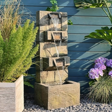 32.2" 3-Tier Outdoor Garden Water Fountain with LED Lights, Mossy Stone Cascading Resin Waterfall Feature for Patio, Yard, or Porch Decor