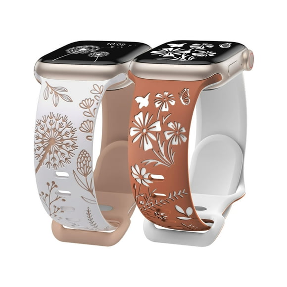 Wearlizer 2 Packs Floral Engraved Bands Compatible with Apple Watch Straps 38mm 40mm 41mm 42mm Women, Two-Tone Soft Silicone Cute Sports Bracelets for iWatch Series 10 9 8 7 6 5 4 3 2 1 SE