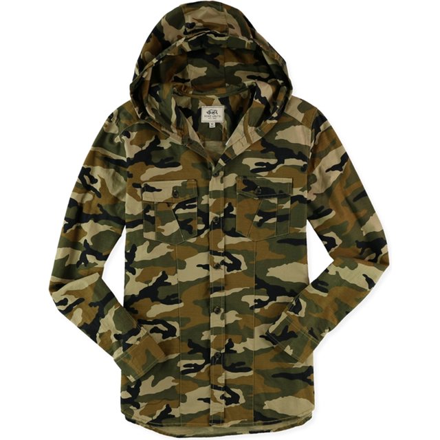 Ecko Unltd. Camisa abotonada con capucha de camuflaje para hombre, verde, mediana Ecko Unltd. Botones al frente