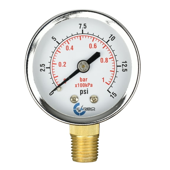 CARBO Instruments 2" Pressure Gauge, Chrome Plated Steel Case, Dry, 0-15 psi/kPa, Lower Mount 1/4" NPT