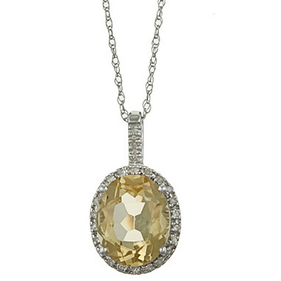10k White Gold Oval Citrine and Diamond Halo Pendant Necklace