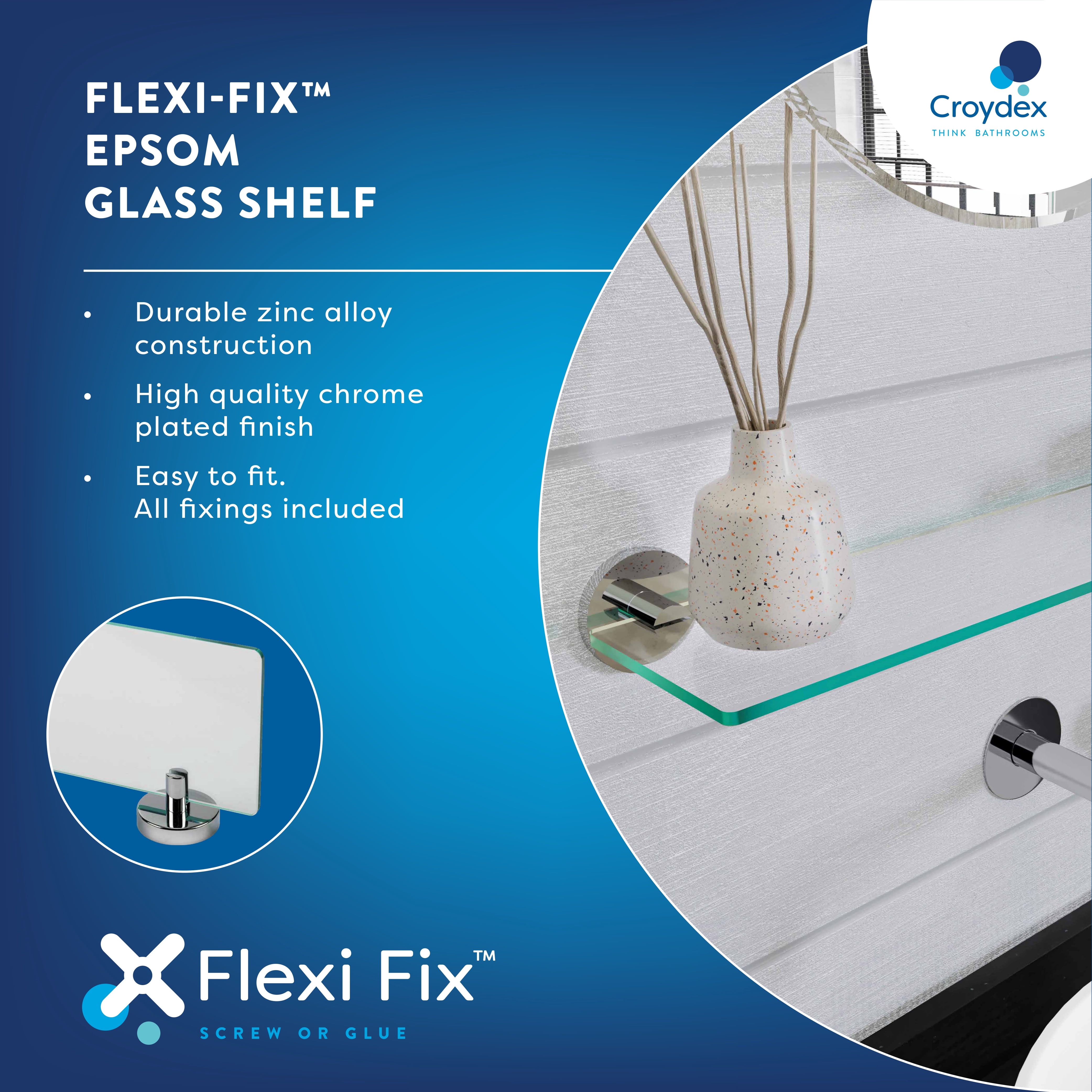 Croydex Epsom Flexi-Fix Screw or Glue Bathroom Glass Shelf with Chrome Fixings (23.2in)