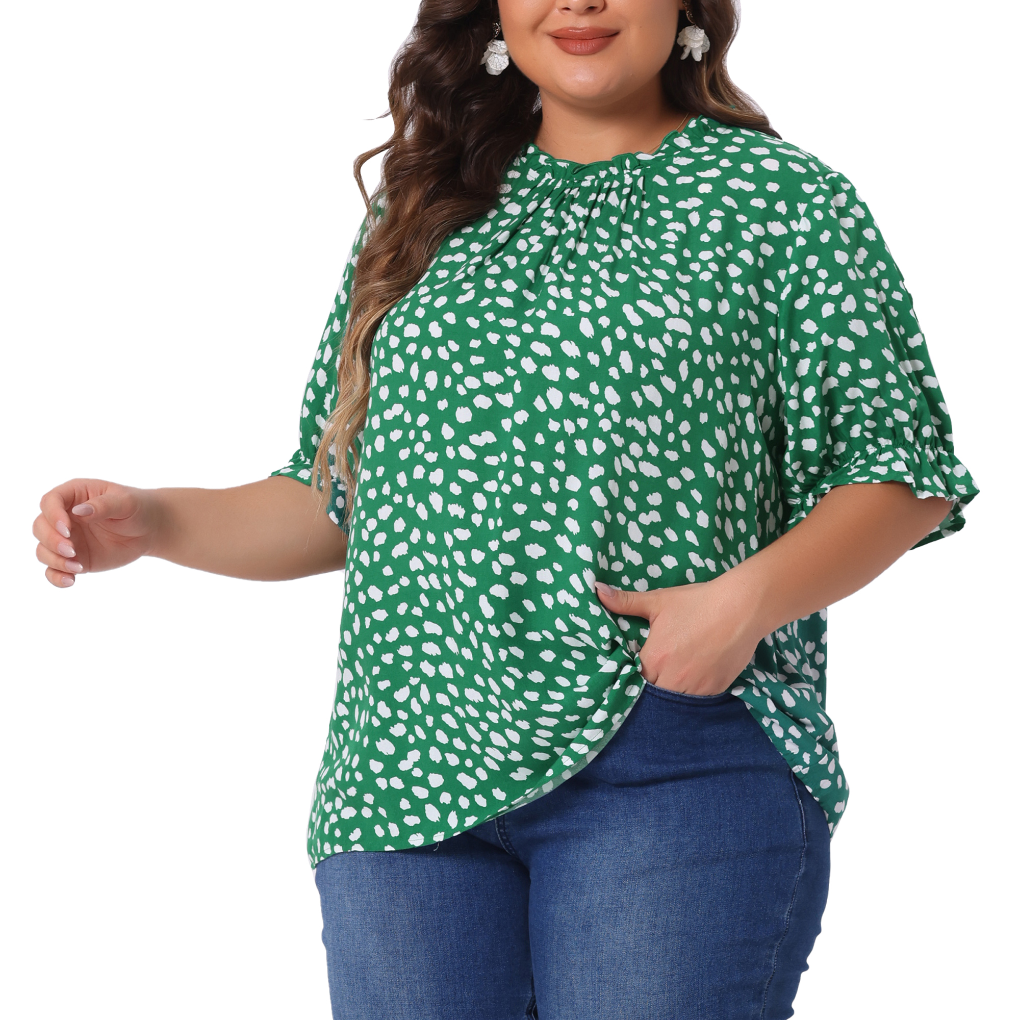 DARING DIVA Women's Plus Polka Dots Print Ruffle Hem Mock Neck Blouse 2X Green