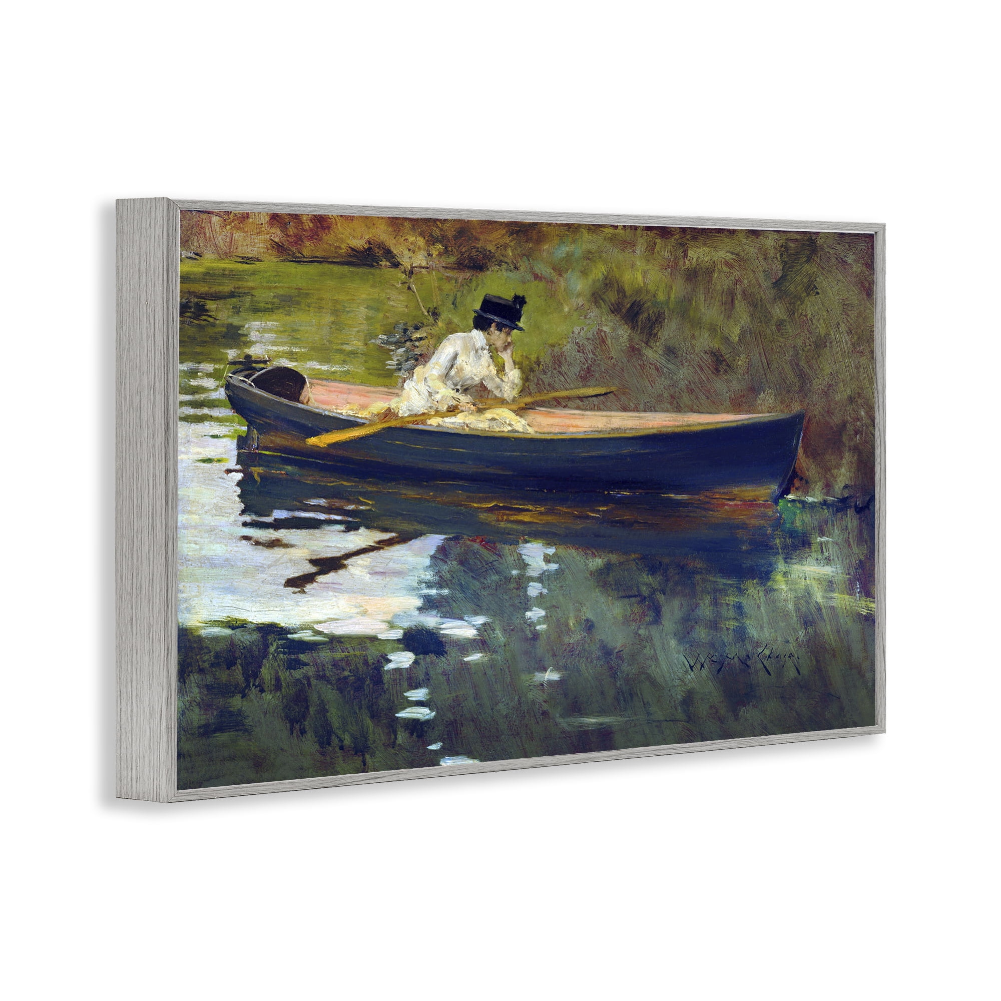 Stupell Industries Thoughtful Woman on Canoe Novelty Painting Gray Framed Art Print Wall Art, 18 x 12
