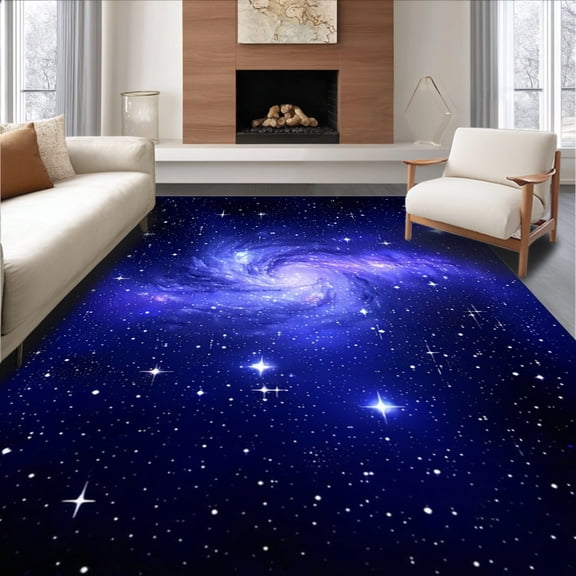 ODIKA 4'x6' Machine Washable Non-Slip Area Rug, Starry Night Round Cosmic Galaxy for High Traffic Rug, Blue, 131435