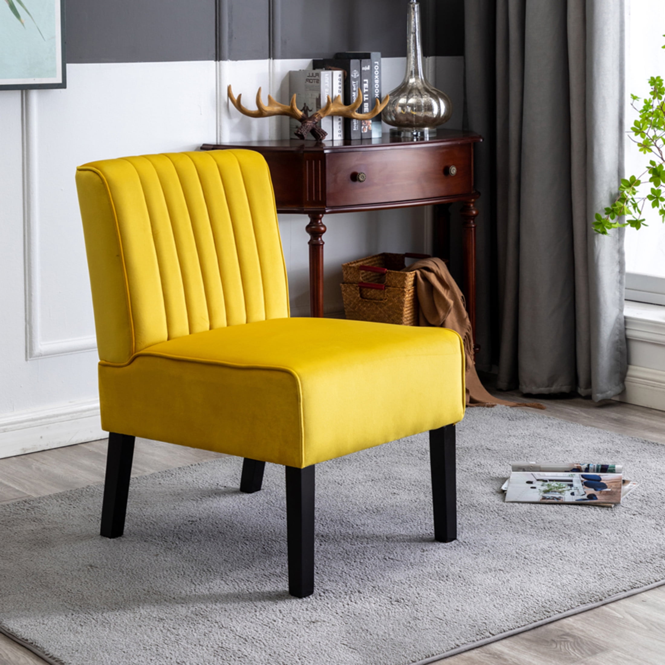 GDF Studio 29.5" Mid-Century Modern Accent Chairs Set of 2 with Channel Tufted Velvet Upholstery, Yellow
