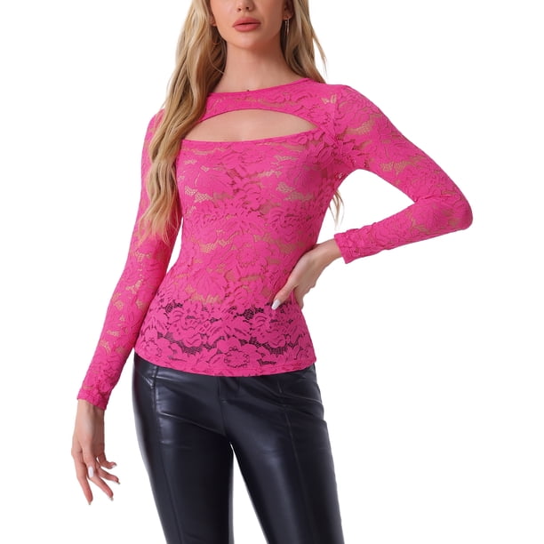 INSPIRAR CHIC Blusa de Encaje Floral de Manga Larga con Corte Frontal Transparente para Mujeres S Rosa Fucsia del Día de San Valentín