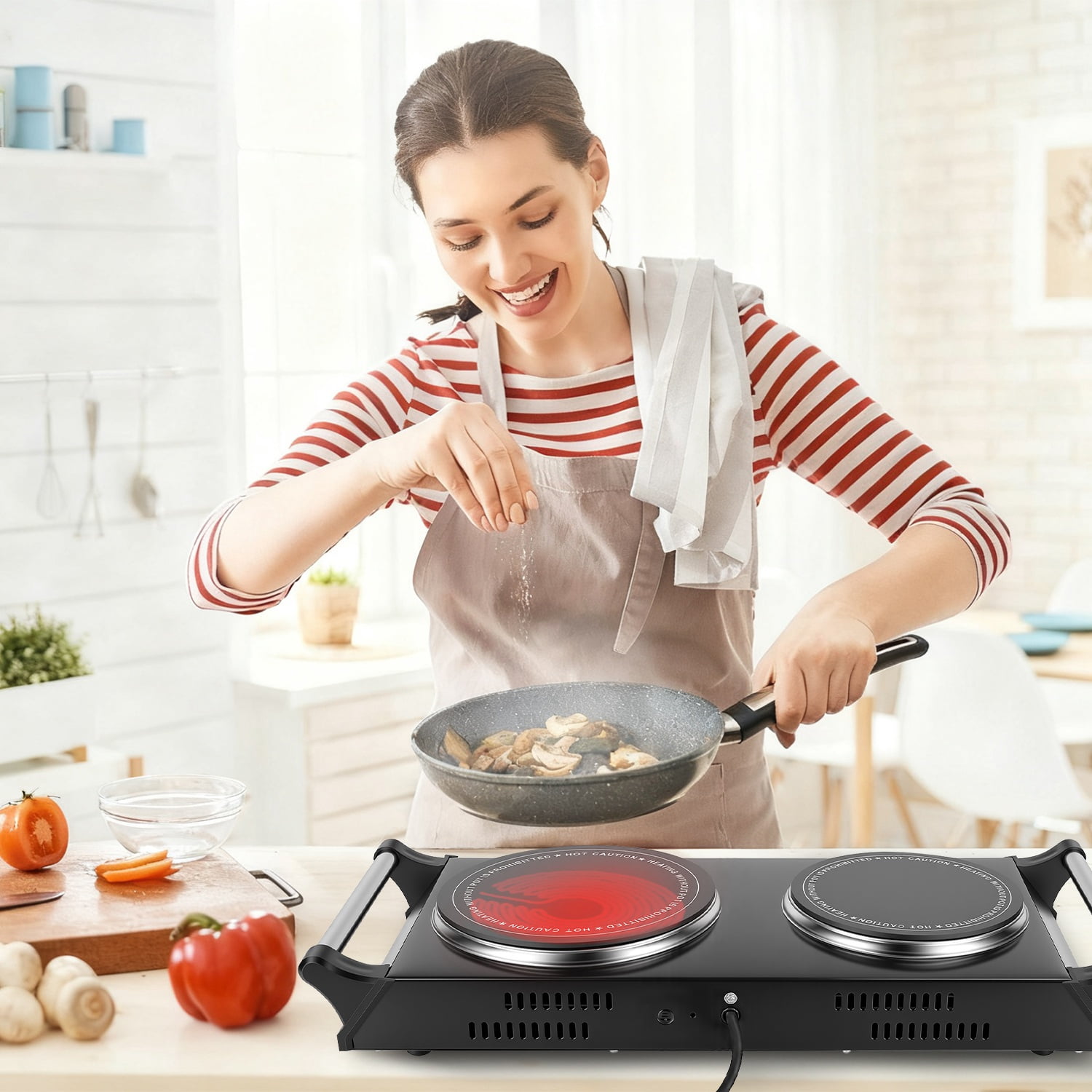 Dual Electric Hot Plate - 5-Second Fast Heating with 6.3 & 7.5 Inch Glass Plates, 800W+1000W Power, Thermostat Control & Auto Shut-Off, 338-1022°F Adjustable Temp, Portable for Camping, Dorms, Small