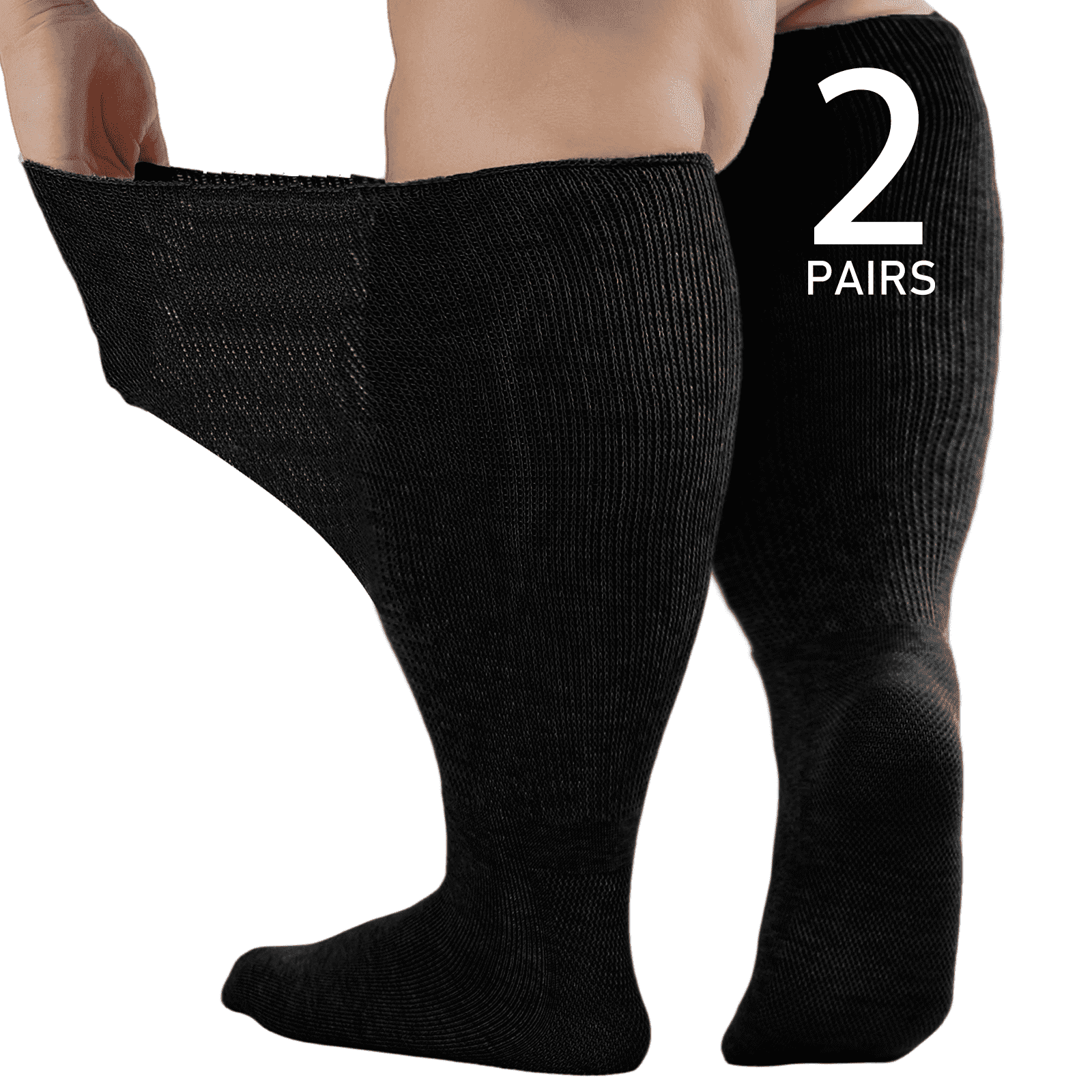Wide Diabetic Socks for Men Women Plus Size, Extra Long Edema Sock with Thickened Sole, Non-Binding Loose Fit Socks for Swollen Feet, Lymphedema,Neuropathy- 2 Pairs Black
