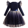 thumbnail image 4 of Girls Velvet and Tulle Dress, Long Sleeve Round Neck Princess Dress with Bow Waist, Kids Flower Girl Dress for Wedding, Birthday Party and Special Occasions Blue 3, 4 of 4