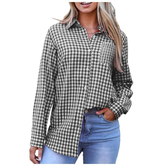 Cnbwig Winter Jackets for Women Long Sleeve Plaid Shirt Lightweight Button Down Loose Business Lapel Blouses Vintage Tops Fashion Jackets and Coats A-Black L