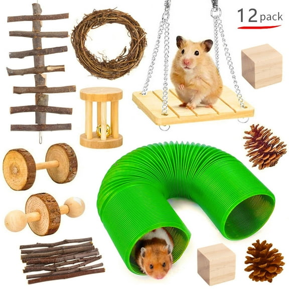 DIY.STORE 12 PCS Hamster Toys, Guinea Pig Toys Small Animal Chewing Toy and Rat Cage Accessories, Chinchillas, Gerbils, Rats, Rabbit Rodents Teeth Care, Apple Wood Timothy Hay Mouse Toy