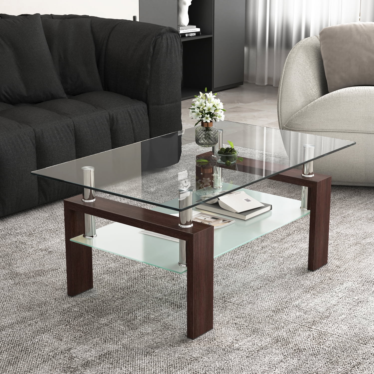 Yardi Yard Modern Tempered Glass Top Coffee Table with Storage Shelf, Clear Rectangle Center Table Sofa Table with Wood Legs for Living Room Home Furniture Walnut