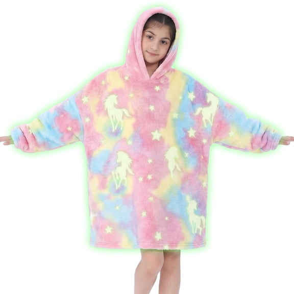 Kids Glow in The Dark Hooded Blanket Hoodie, Oversized Wearable Blanket for Boys & Girls Flannel Fleece One Size Purple C0P