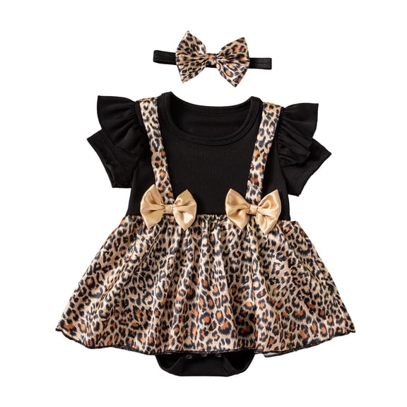 LIIPEE Leopard Print Baby Bodysuits For Girls Short Sleeve Crew Neck Ruffle Onesies With Headband Kids Cute Everyday Crawling Clothing,12-18 Months