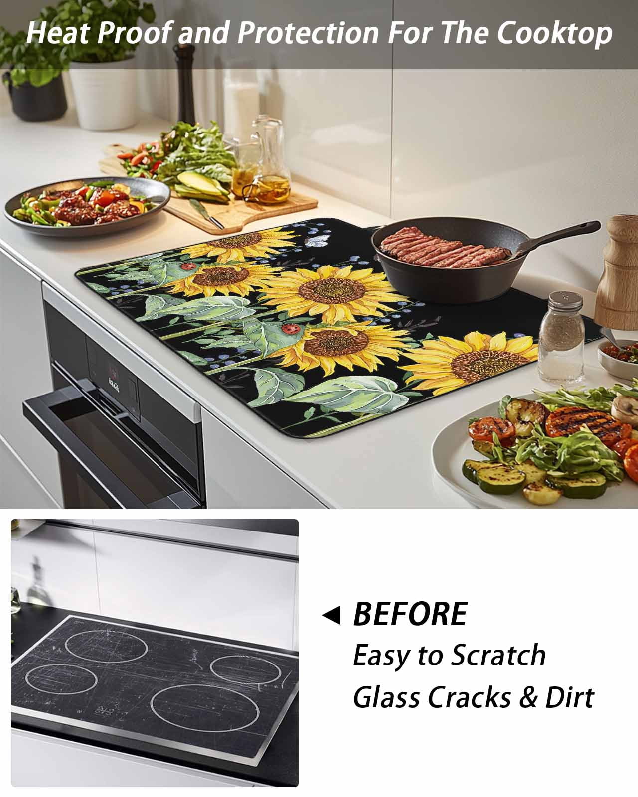 Stove Top Covers for Electric Stove, Sunflowers Glass Stovetop Cover Protector, Botanical Watercolor Butterfly Plant Induction Cooktop Protector Oven Mat for Kitchen Countertop 24"x21"