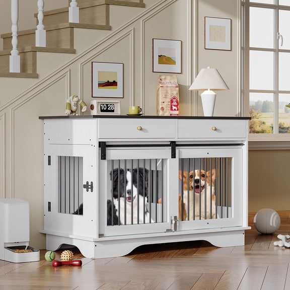 47.3" Multi-Functional Dog Crate Furniture with 2 Storage Drawers & Removable Divider, Indoor Wooden Kennel End Table with Triple Door – Heavy Duty Cage for Small, Medium, Large Dogs
