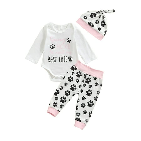 

Canrulo 3PCS Newborn Baby Girl Boy Clothes Letter Long Sleeve Romper Tops Pants Hat Autumn Outfits White Pink 0-3 Months