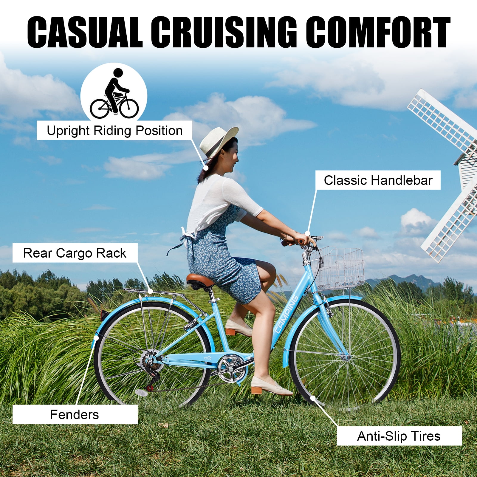 Ktaxon 26in Folding Beach Cruiser Bike for Women, 7-Speed City Commuter Bike with Lock, Basket & Rack, Blue