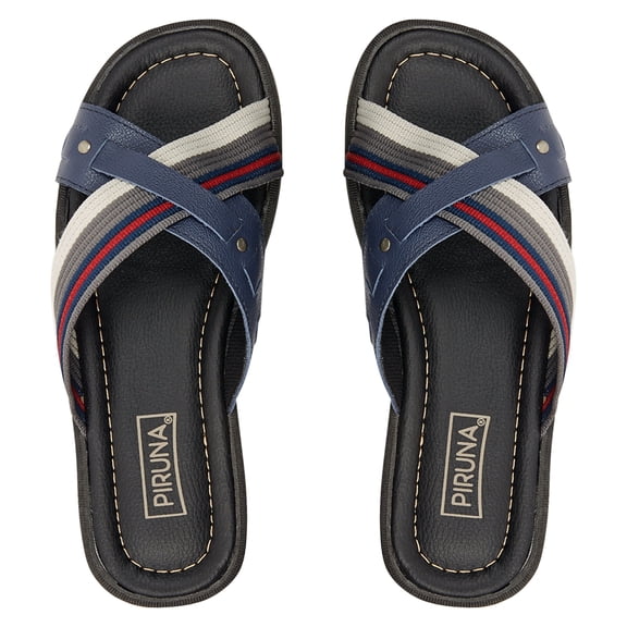 Piruna Brazilian Leather Cross Strap Slide Sandals, Wide Fit, Navy Multi