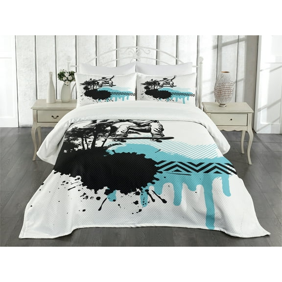 Ambesonne Grunge Quilted Bedspread Set 3 Pcs, Young Boy Skater Exotic, Queen Size, Black Pale Blue