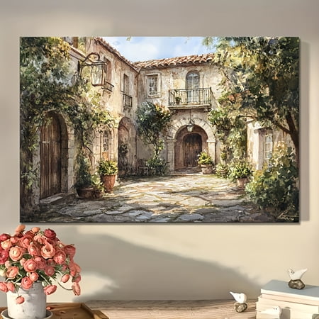 Topbout Art Mediterranean Courtyard Wall Art - High-End Rustic European Villa Decor for Living Room