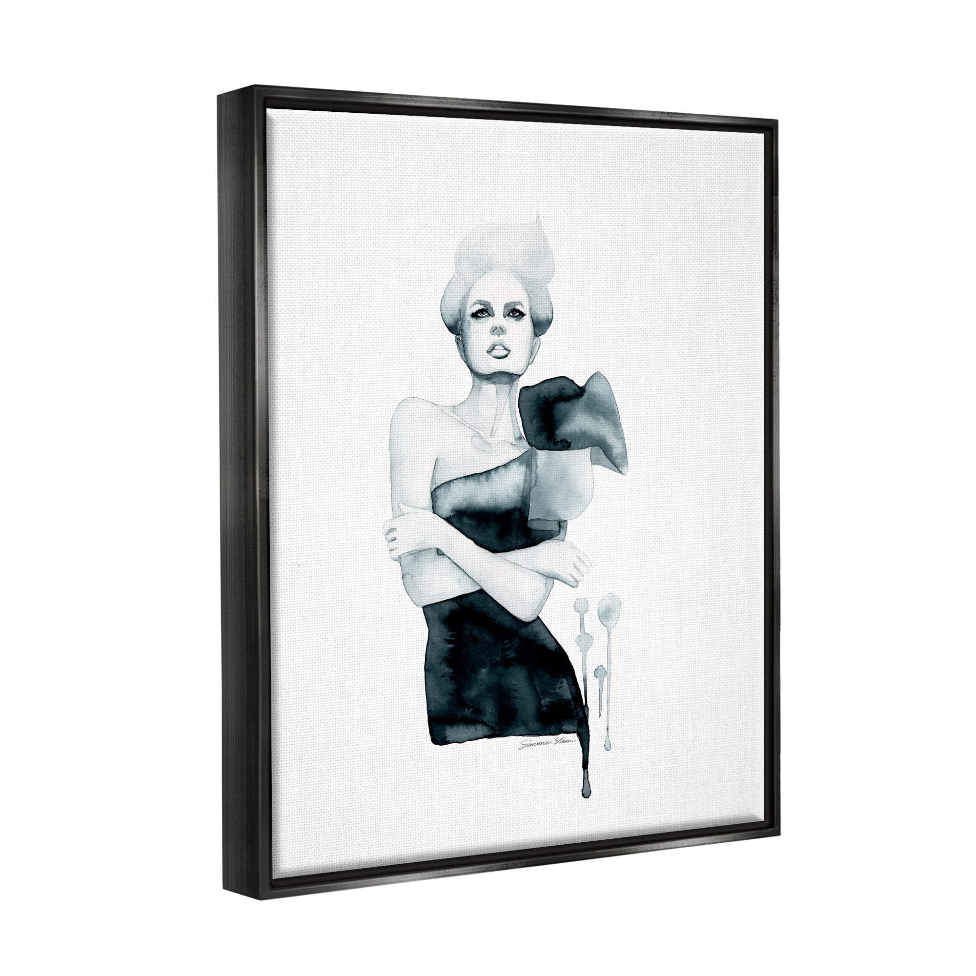 Stupell Industries Girl in Black Gown Beauty & Fashion Painting Black Floater Framed Art Print Wall Art, 17 x 21
