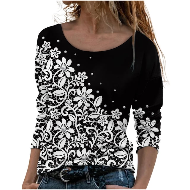 Machine d'Impression de T-Shirts Mode Femmes Décontracté Impression Col Rond Manches Longues T-Shirts Amples Blouse d'Automne Chandail Tops